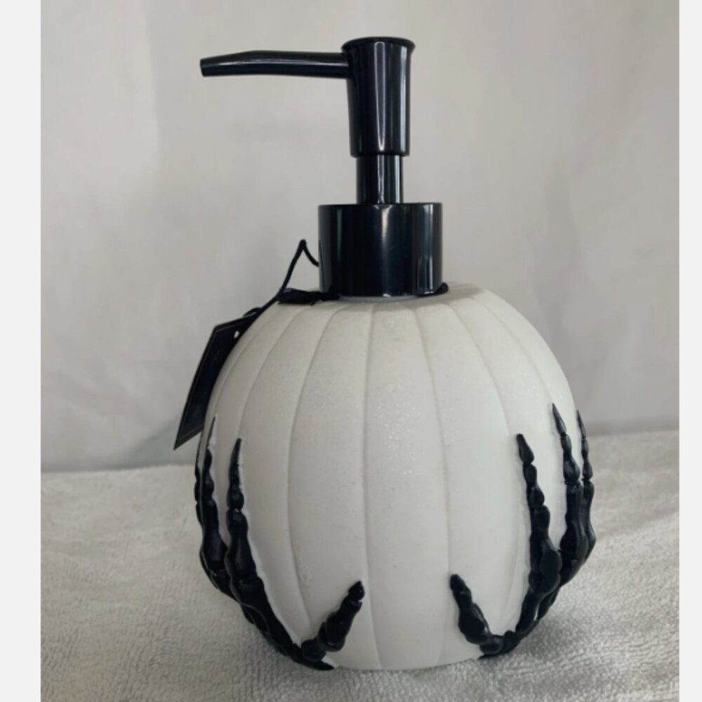 Avanti Home - White Pumpkin with Black Skeleton Hands Lotion or Soap Pump